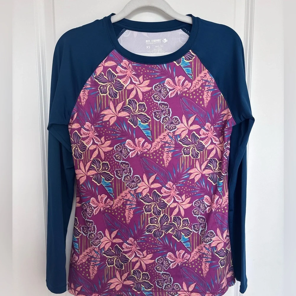 Reel Legends Reel-Tec Floral Rash Guard Swim Top Tropical UPF Beach Vacation XS
